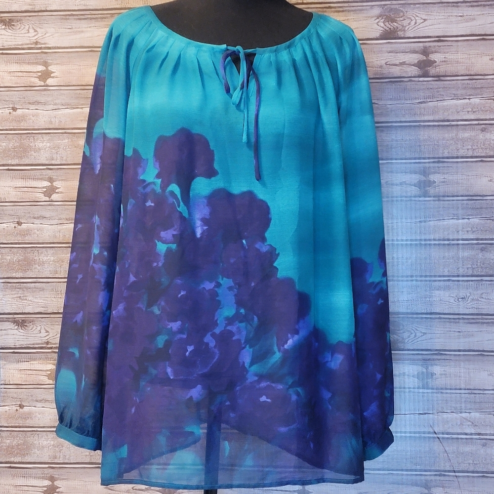Jones New York Blue & Green Sheer Blouse Size L